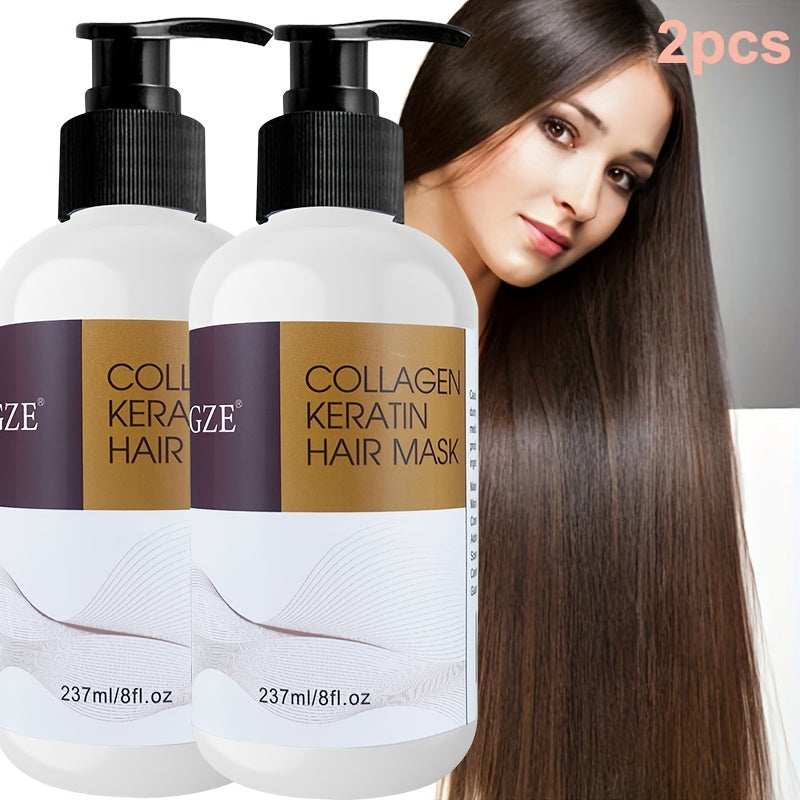 2-Pack GZE Collagen Keratin Hair Mask, 8oz Each, Deep Conditioning Treatment for Dry, Damaged Hair, Restores Elasticity with Argan, Coconut & Shea Butter, Moisturizing for Normal Hair Style