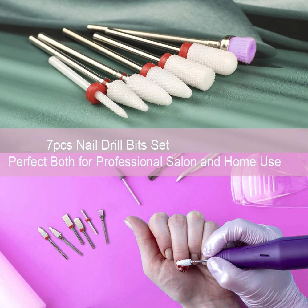 7Pcs Ceramic Nail Drill Bits Set for Nails Gel Polish Cuticle Manicure Milling Cutter For Manicure Kits Tools with Holder