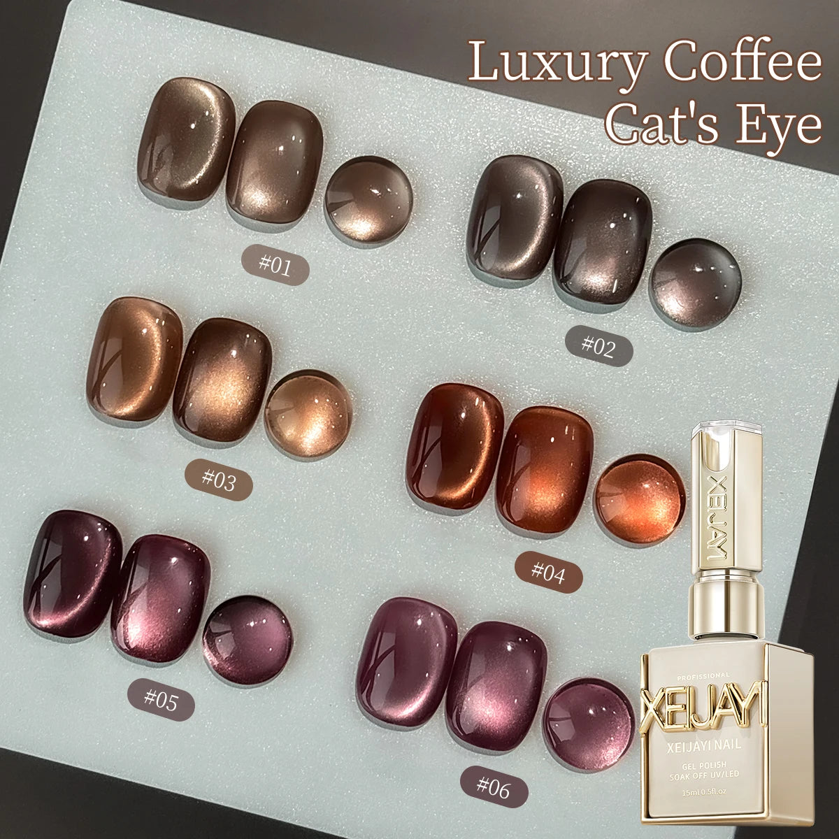 15ml 6Colors Luxury Coffee Cat's Eye Nail Gel Polish Set with Soak Off UVLED Cat Eye Gel Polish Manicure Nail Art Kit