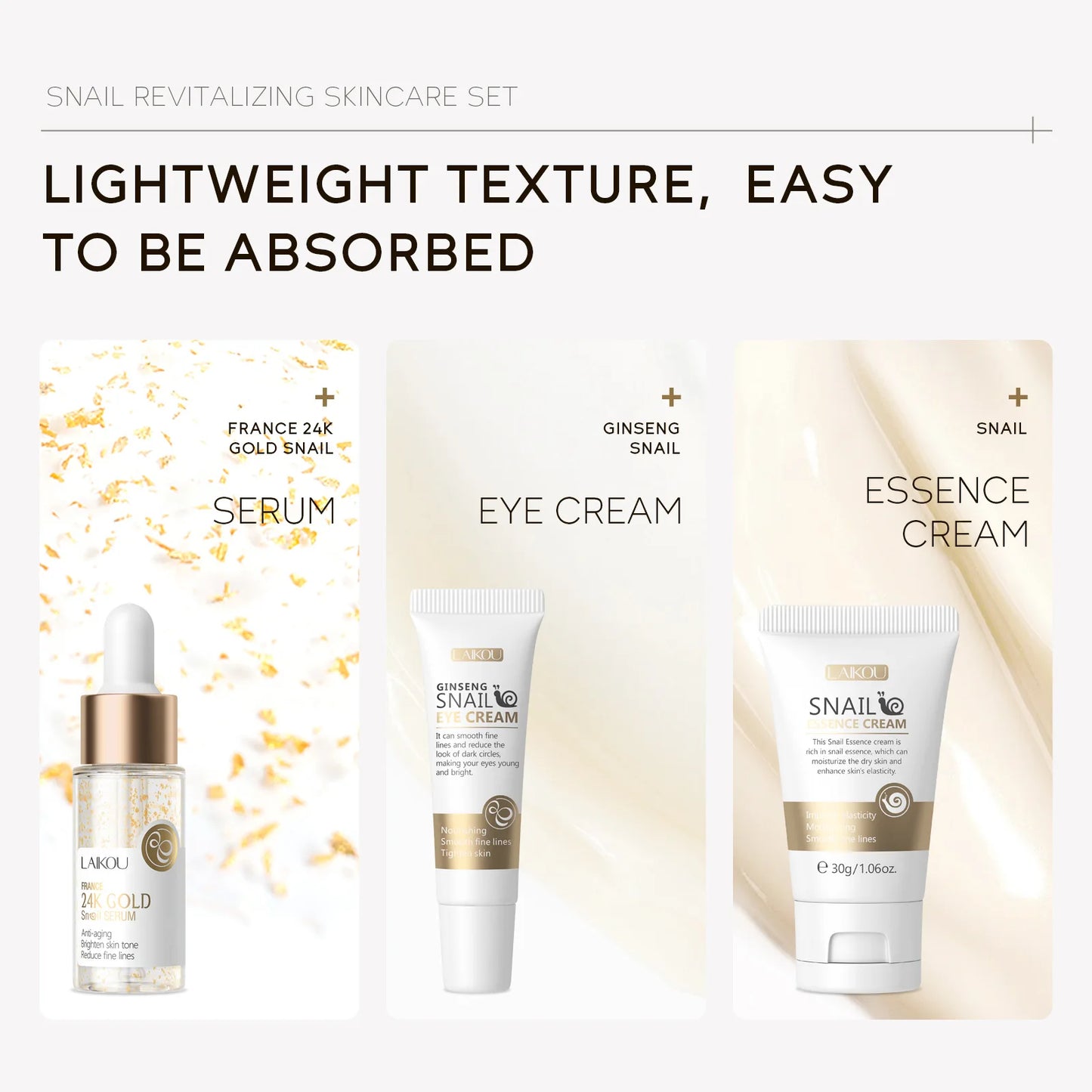 LAIKOU Snail Anti-aging Skin Care Sets 3pcs/set Cleanser Cream Face Cream Moisturizing Facial Set Skincare Face Care Kits