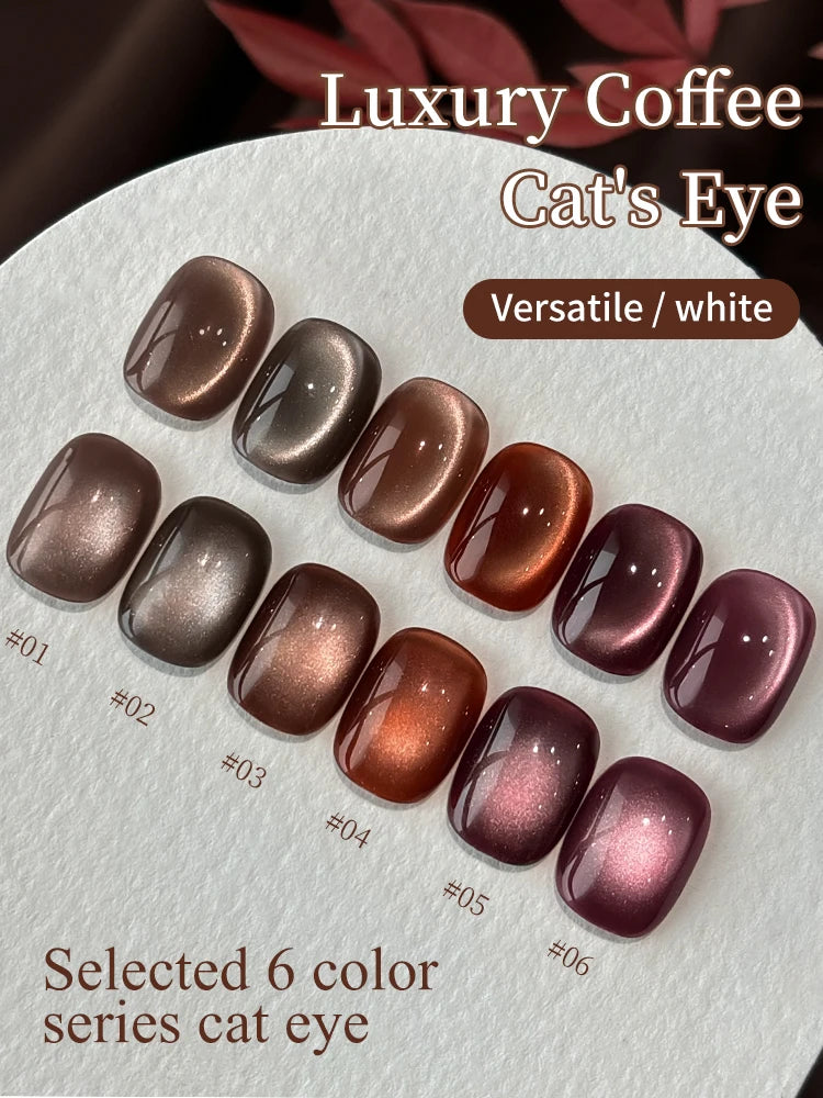 15ml 6Colors Luxury Coffee Cat's Eye Nail Gel Polish Set with Soak Off UVLED Cat Eye Gel Polish Manicure Nail Art Kit