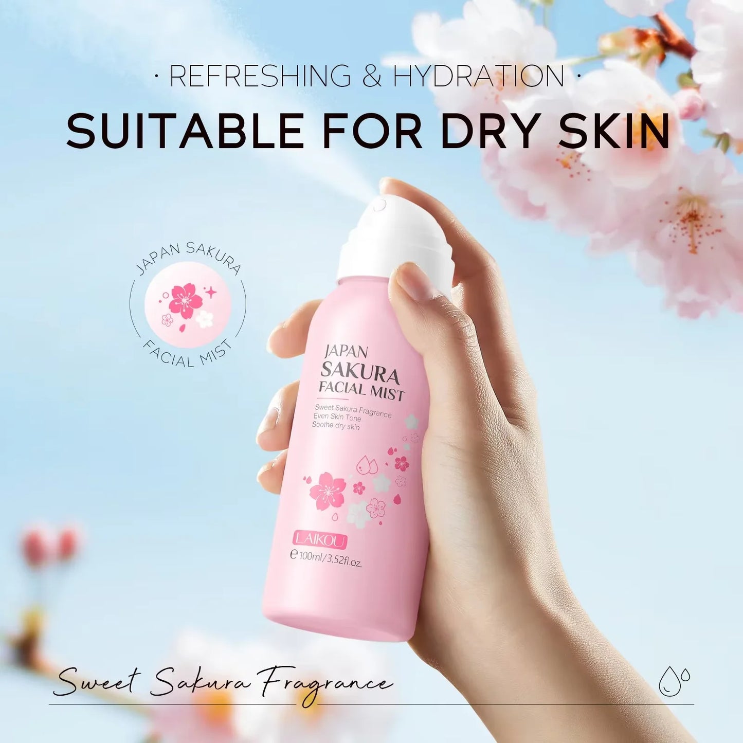 LAIKOU Sakura Facial Mist Toner Hydrating Moisturize Gentle Repair Brightening Skin Improve Glow Serum Toner Spray 100ml