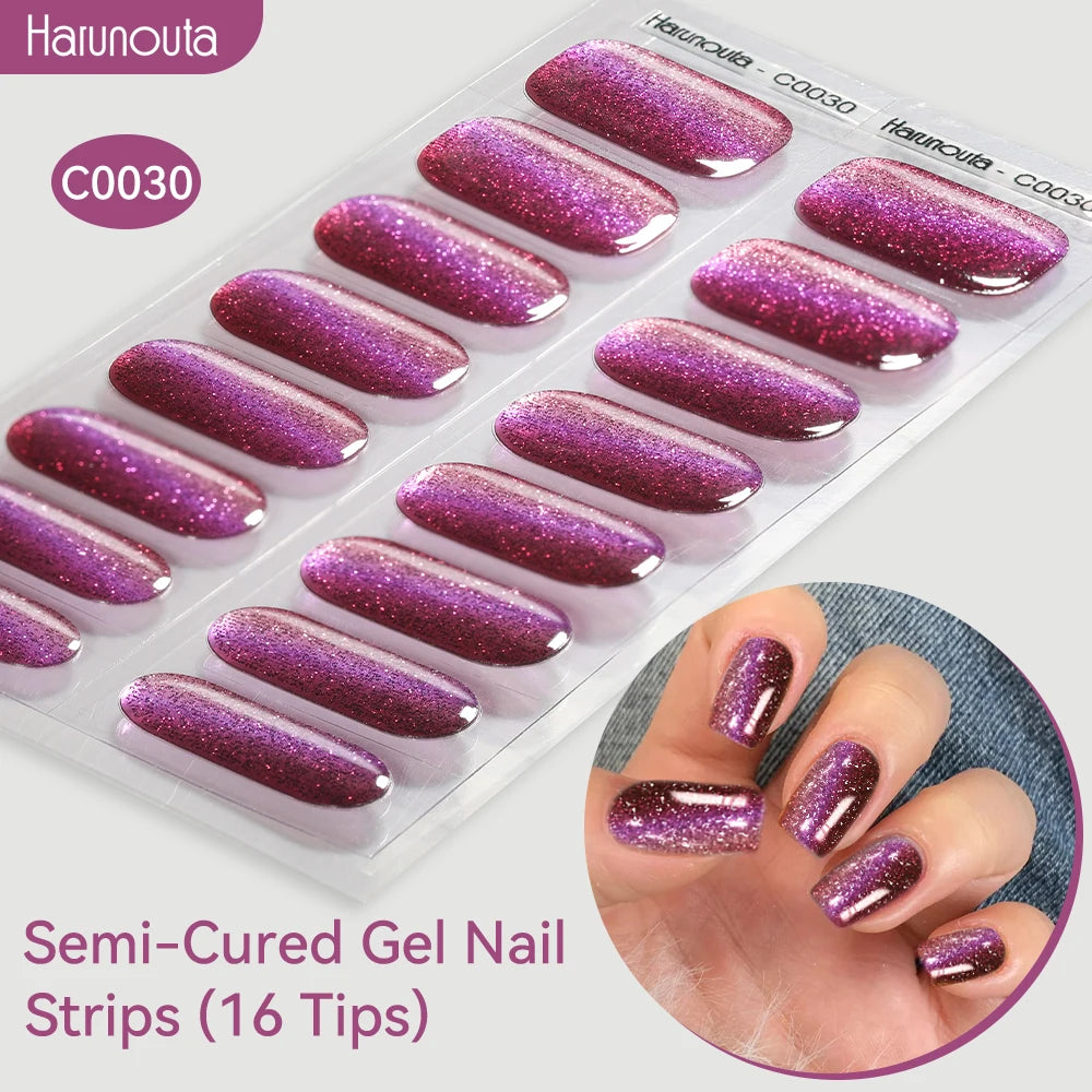 Gradient Auroras Semi Cured Gel Nail Strips Sparkly Shinning DIY Gel Polish Stickers for Nails Works with UV/LED Nail Lamps
