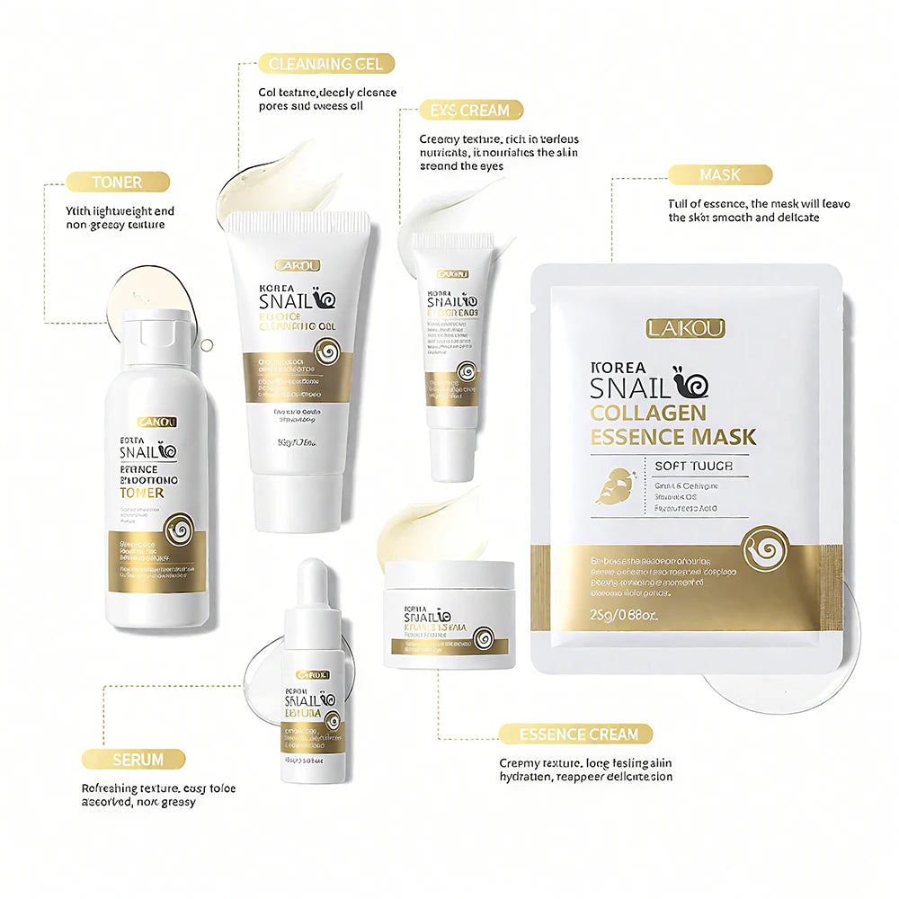 Snail Collagen Skin Care Set, 19pcs/set Moisturizing Facial Cleanser & Toner & Serum & Eye Cream & Essence Cream & Mask & Tool