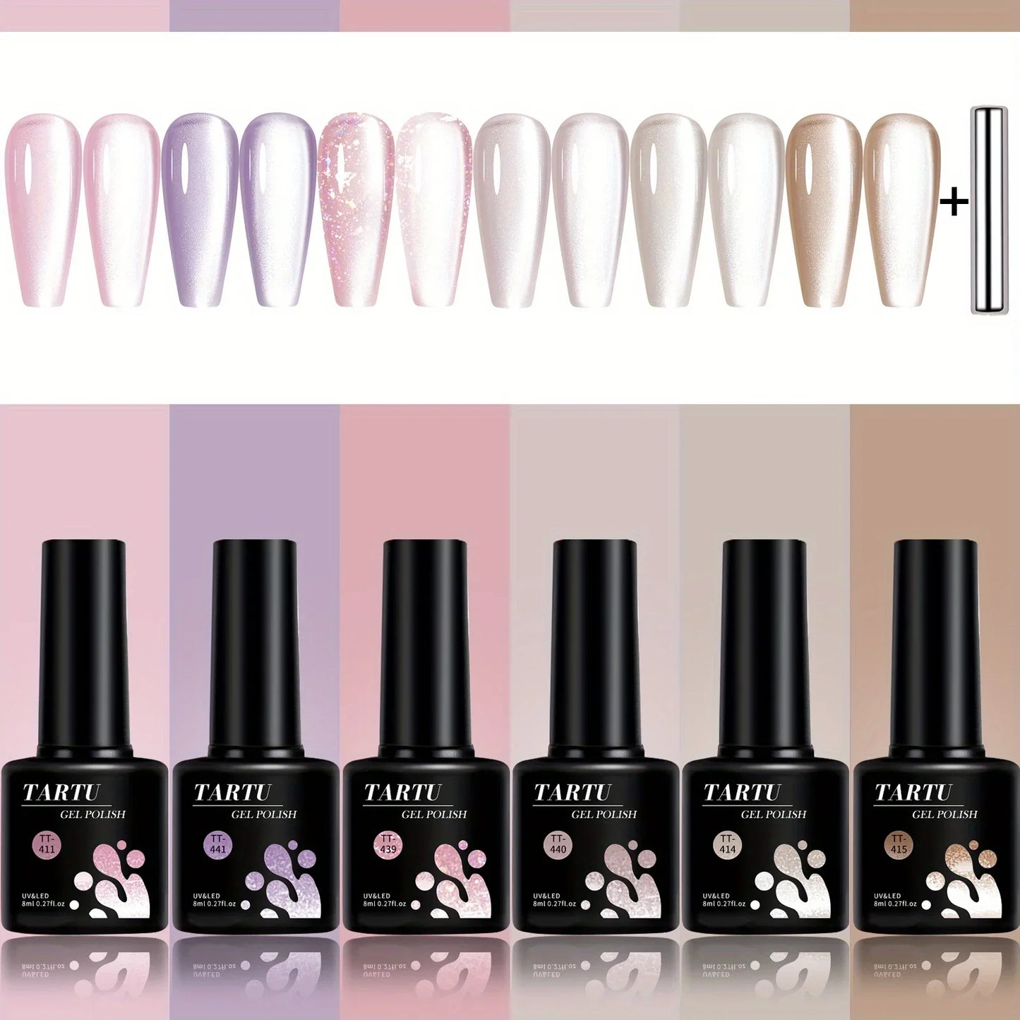 TARTU 6pcs 8ml Cat Eye Gel Nail Polish Set, 6 Colors Gel Polish Kit, Soak Off for Uv/Led, for Salon and Nail Art DIY At Home