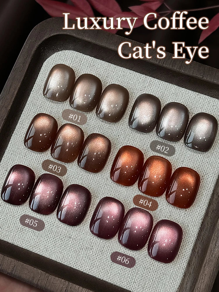 15ml 6Colors Luxury Coffee Cat's Eye Nail Gel Polish Set with Soak Off UVLED Cat Eye Gel Polish Manicure Nail Art Kit