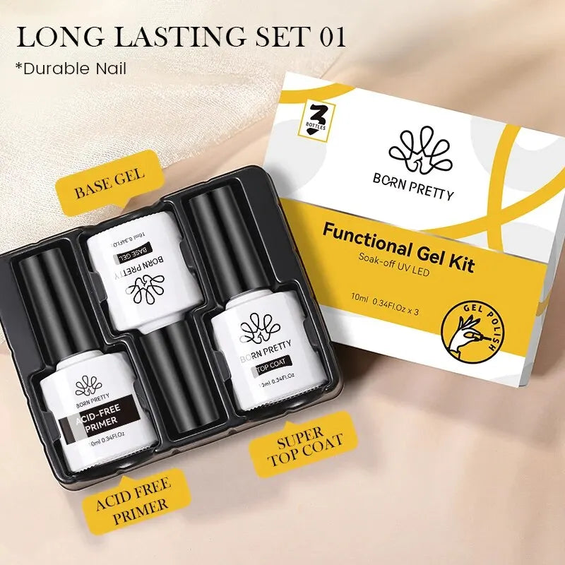 BORN PRETTY 3pcs Functional Gel Kit 10ml Base Gel Super Top Coat Acid-Free Primer for Semi Permanent UV Led Gel Varnish Soak Off