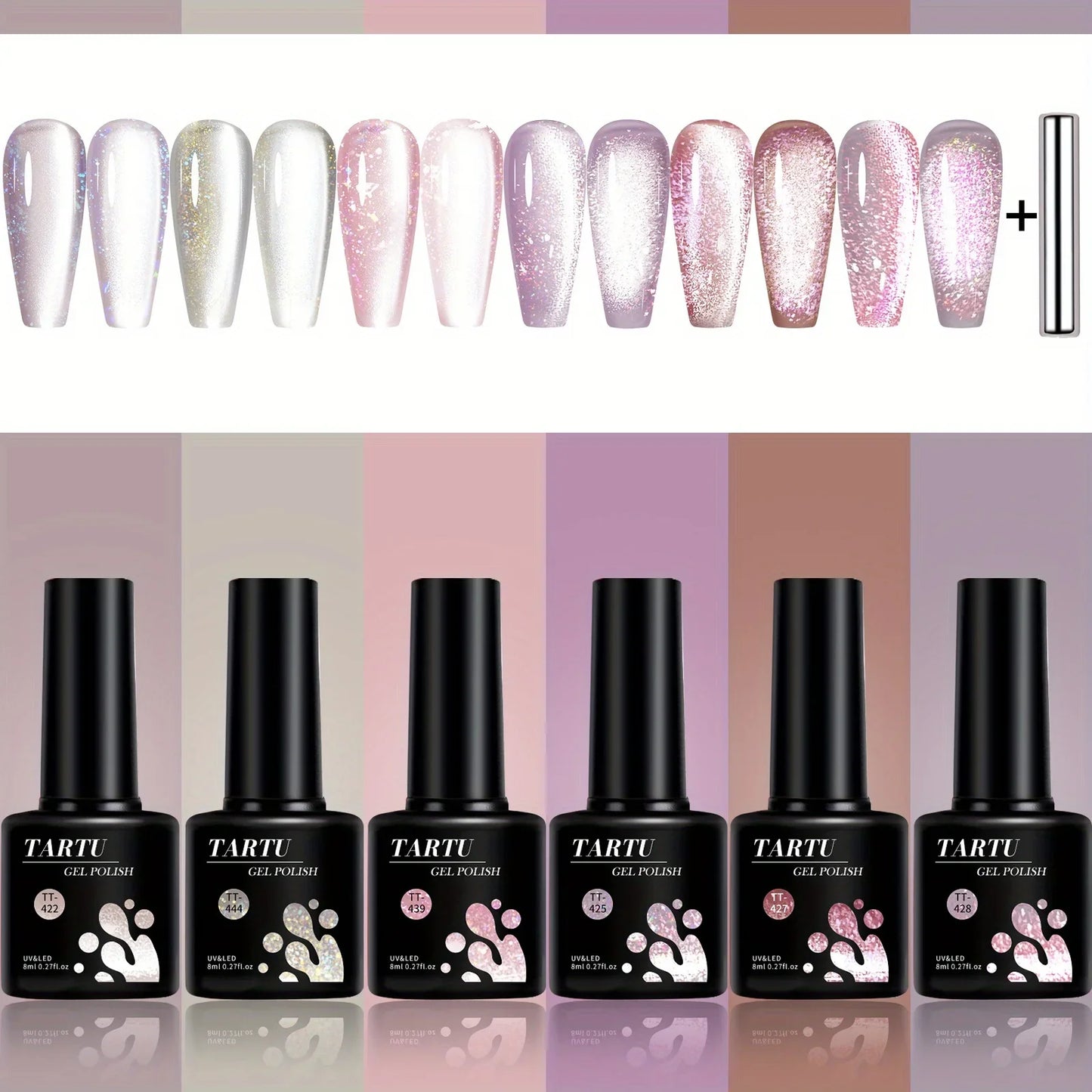 TARTU 6pcs 8ml Cat Eye Gel Nail Polish Set, 6 Colors Gel Polish Kit, Soak Off for Uv/Led, for Salon and Nail Art DIY At Home