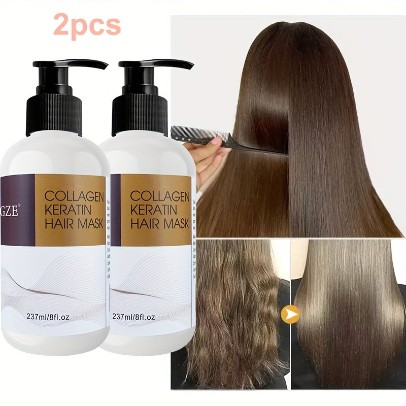 2-Pack GZE Collagen Keratin Hair Mask, 8oz Each, Deep Conditioning Treatment for Dry, Damaged Hair, Restores Elasticity with Argan, Coconut & Shea Butter, Moisturizing for Normal Hair Style