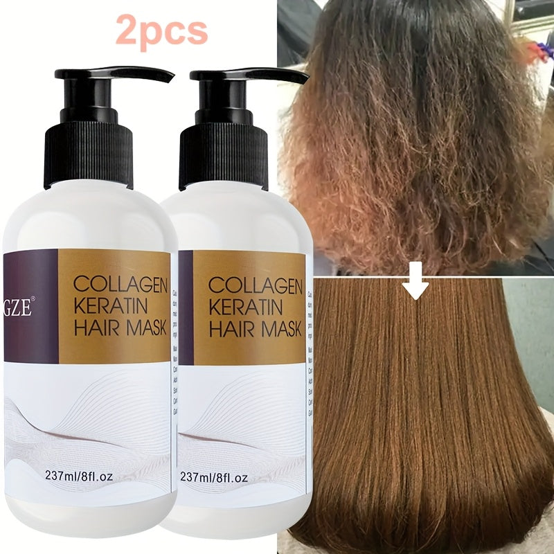 2-Pack GZE Collagen Keratin Hair Mask, 8oz Each, Deep Conditioning Treatment for Dry, Damaged Hair, Restores Elasticity with Argan, Coconut & Shea Butter, Moisturizing for Normal Hair Style