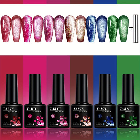 TARTU 6pcs 8ml Cat Eye Gel Nail Polish Set, 6 Colors Gel Polish Kit, Soak Off for Uv/Led, for Salon and Nail Art DIY At Home