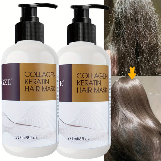 2-Pack GZE Collagen Keratin Hair Mask, 8oz Each, Deep Conditioning Treatment for Dry, Damaged Hair, Restores Elasticity with Argan, Coconut & Shea Butter, Moisturizing for Normal Hair Style